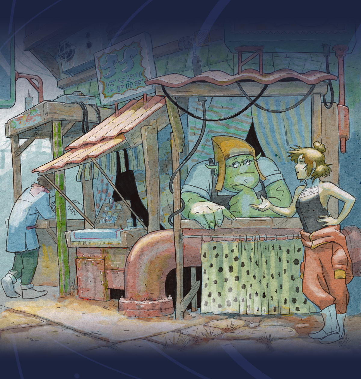 Original Hubworld artwork: two residents share a conversation at a neighborhood market stall.
